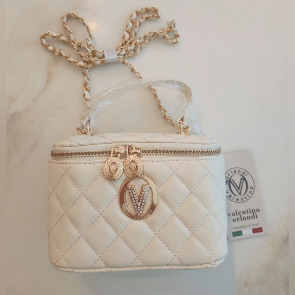 Valentino Orlandi Cream Quilted Crossbody Vanity Bag with Gold Hardware